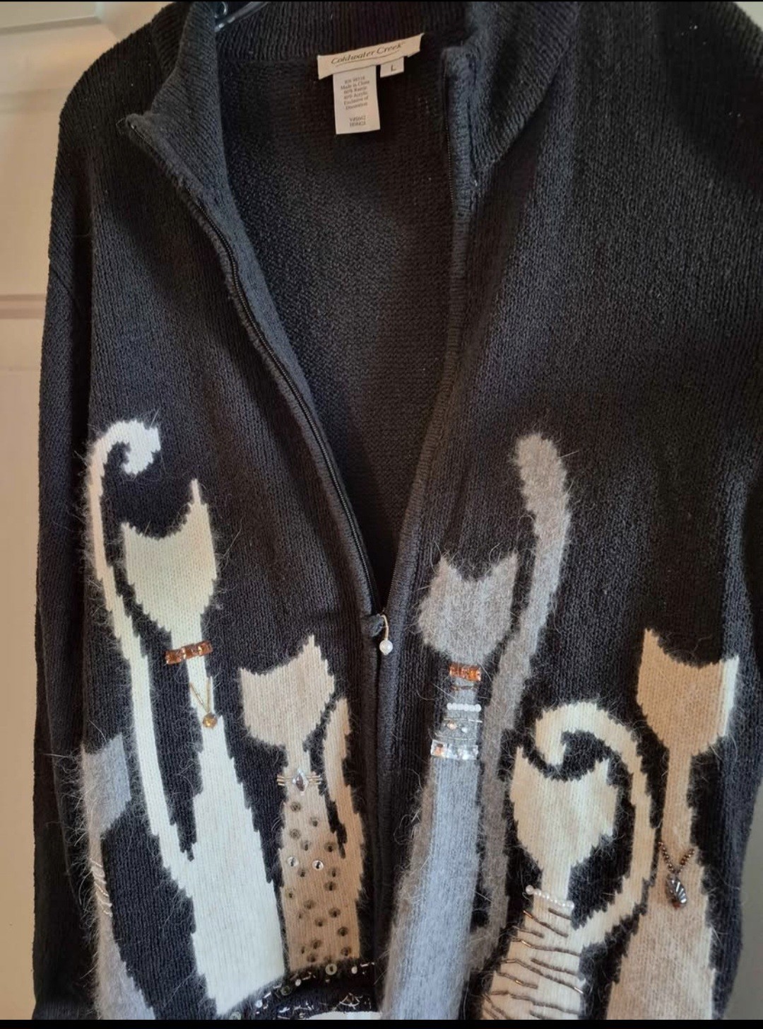 VTG Coldwater Creek Cats Cardigan Sweater Sequins Embellished Zip Women\'s LARGE VTG Coldwater Creek Cats Cardigan Sweater Sequins Embellished Zip Women\'s LARGE
