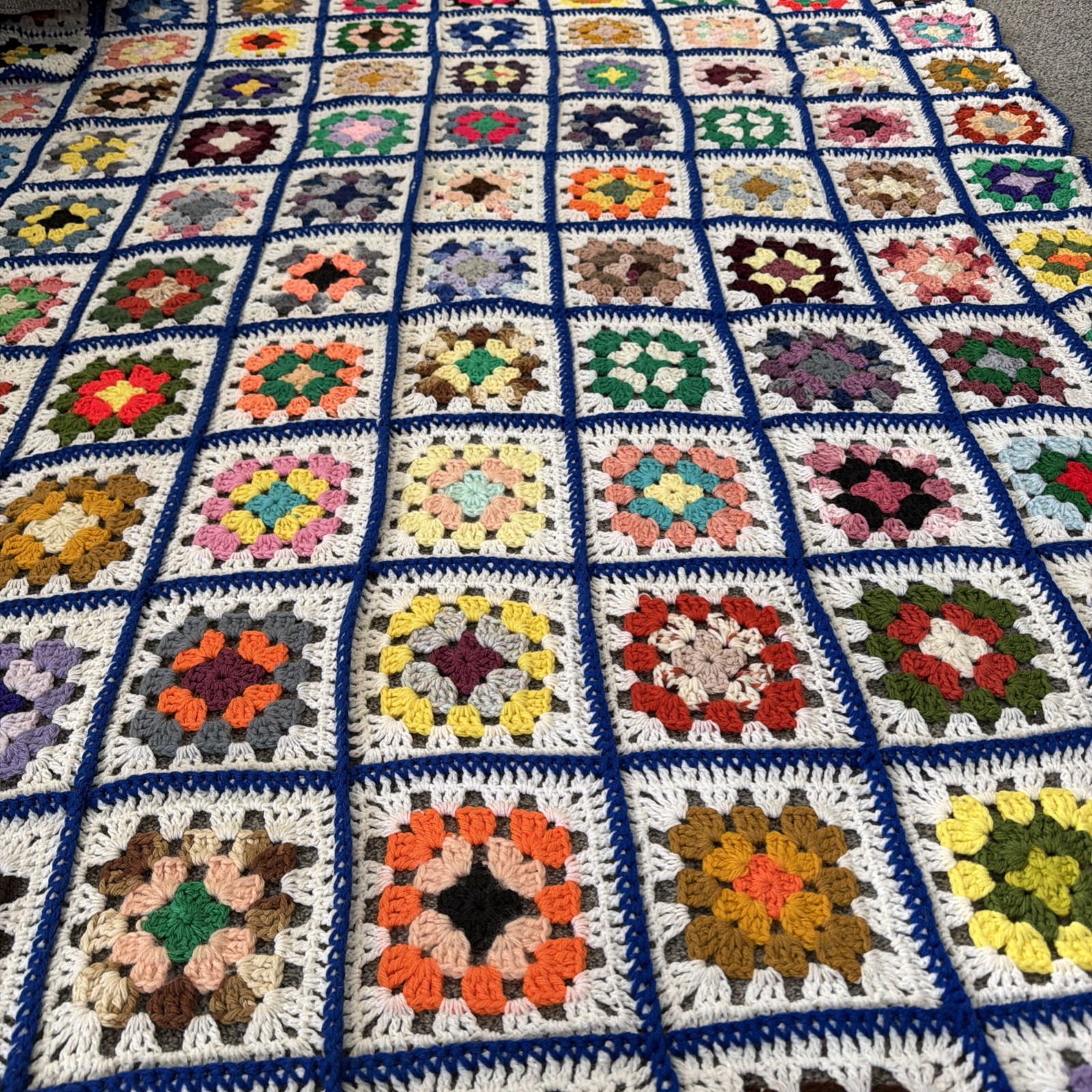 Vtg Hand Crocheted Colorful Granny Swuare Afghan Blanket 75” By 65” Perfect Cond