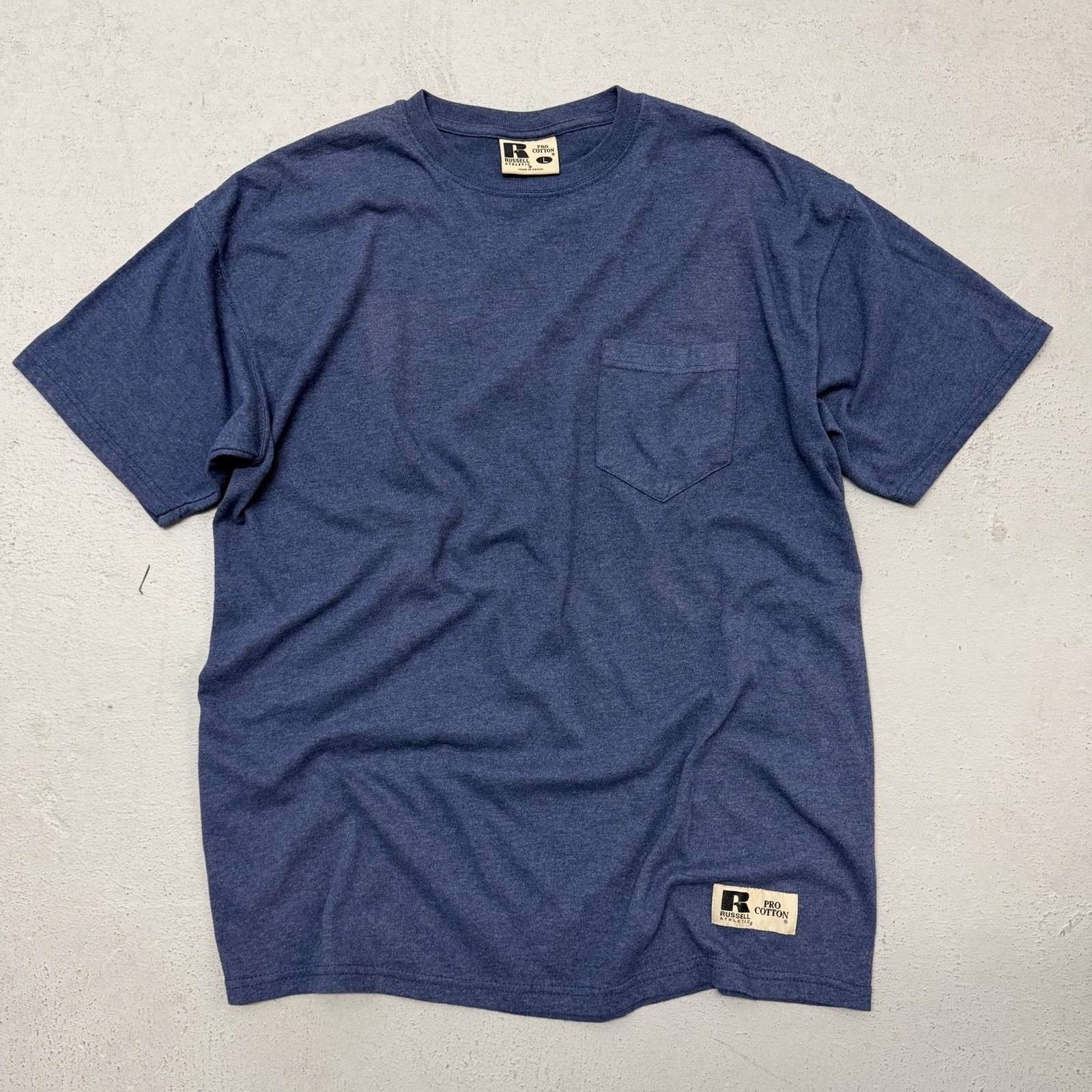 Vintage Russell Athletic Blank Pocket T-shirt Men’s L 90s Denim Blue Solid
