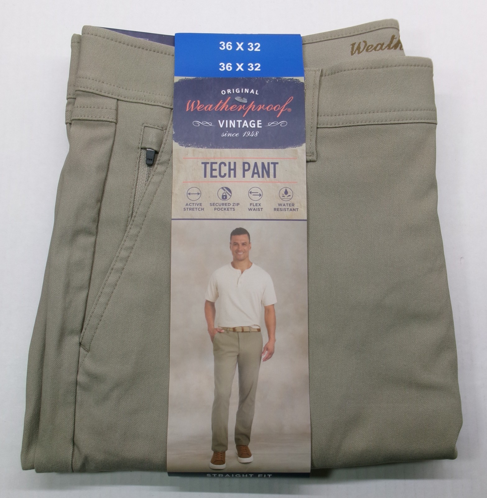 Weatherproof Vintage Tech Pant Straight Fit Active Stretch Zip pockets 36X32 Tan