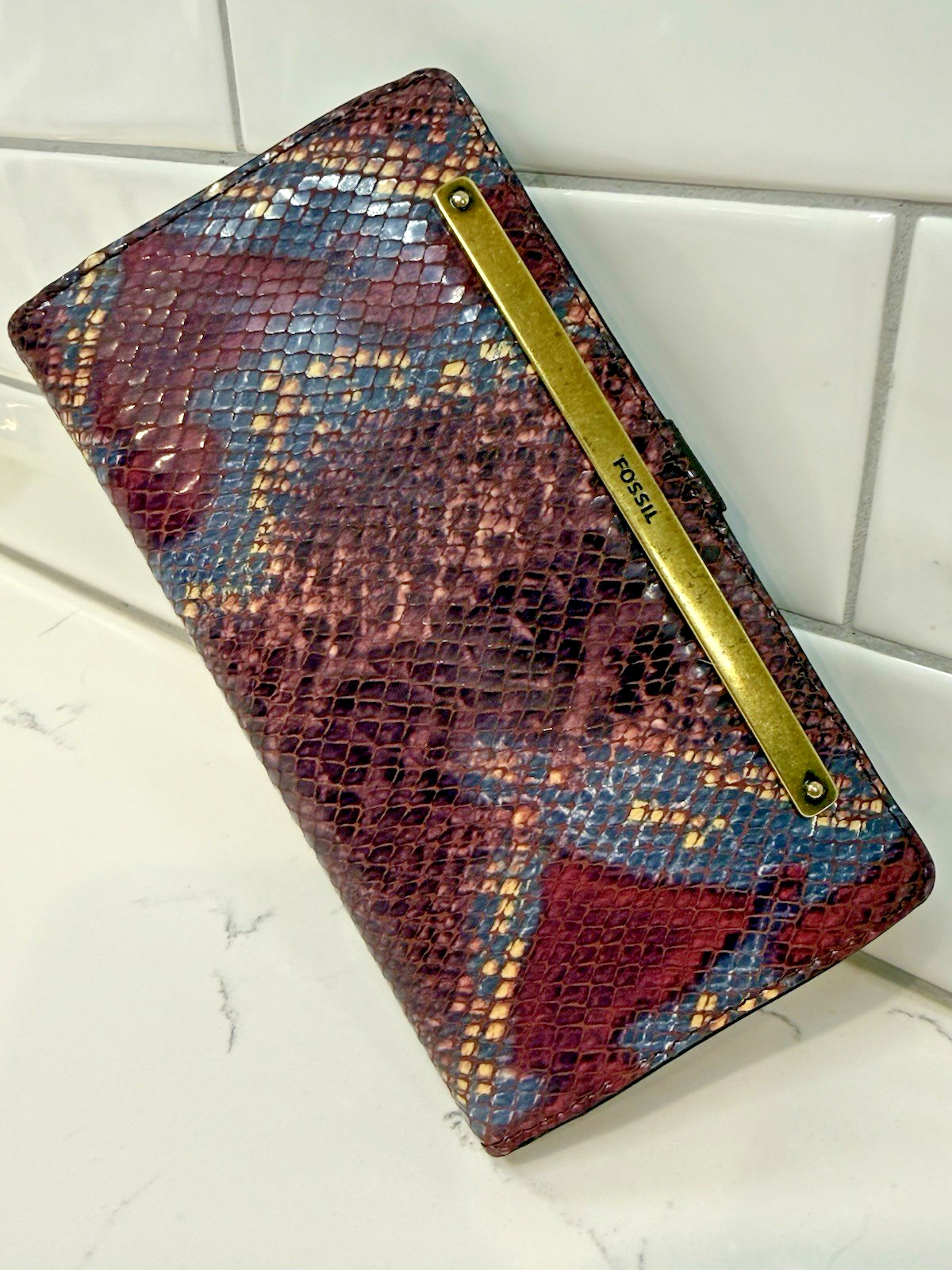 Fossil Burgundy/Purple & Blue Snake Embossed Leather Clutch Wallet Vintage?