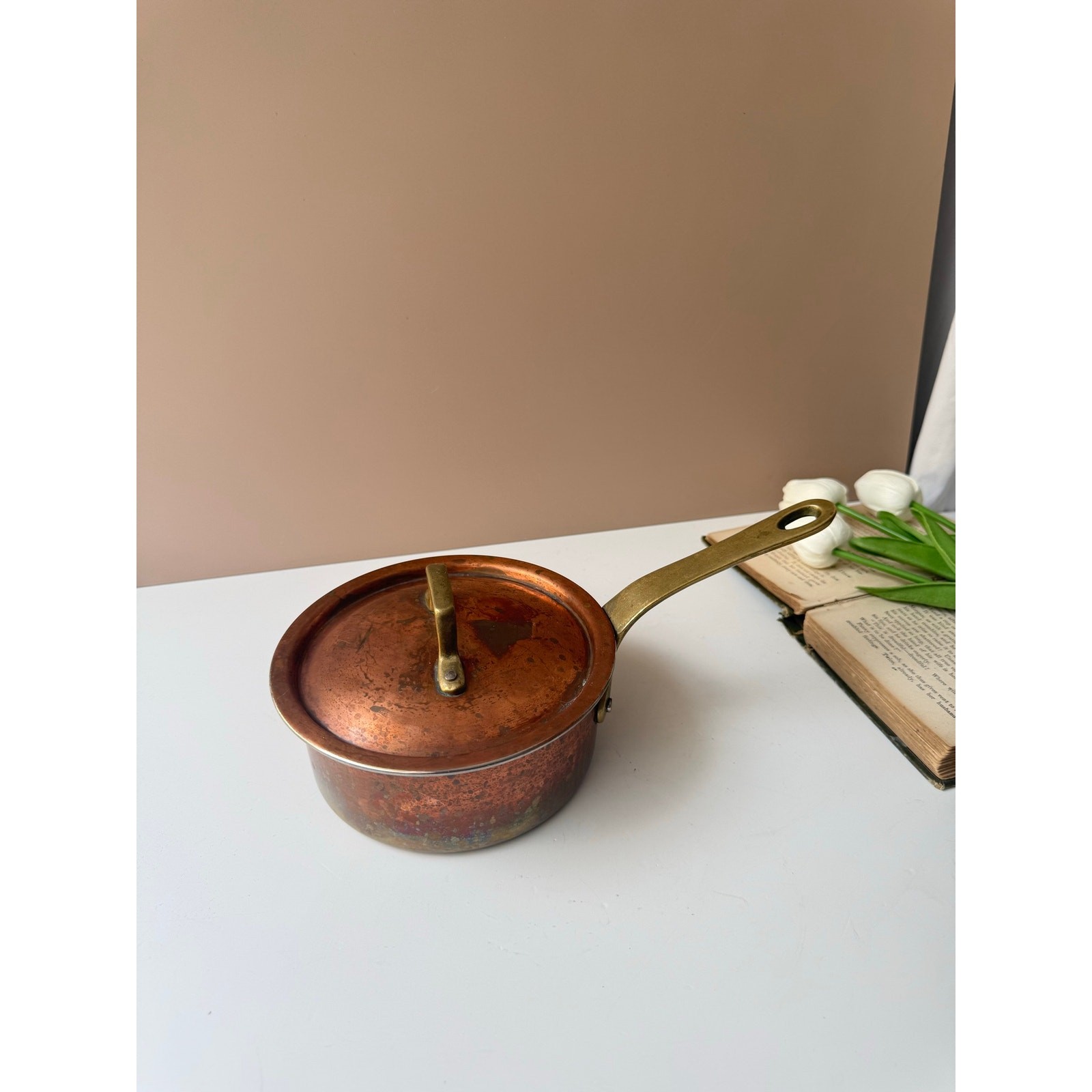 Vintage Copper Sauce Pan with Lid | Brass Handle | Made in Korea Kitchen