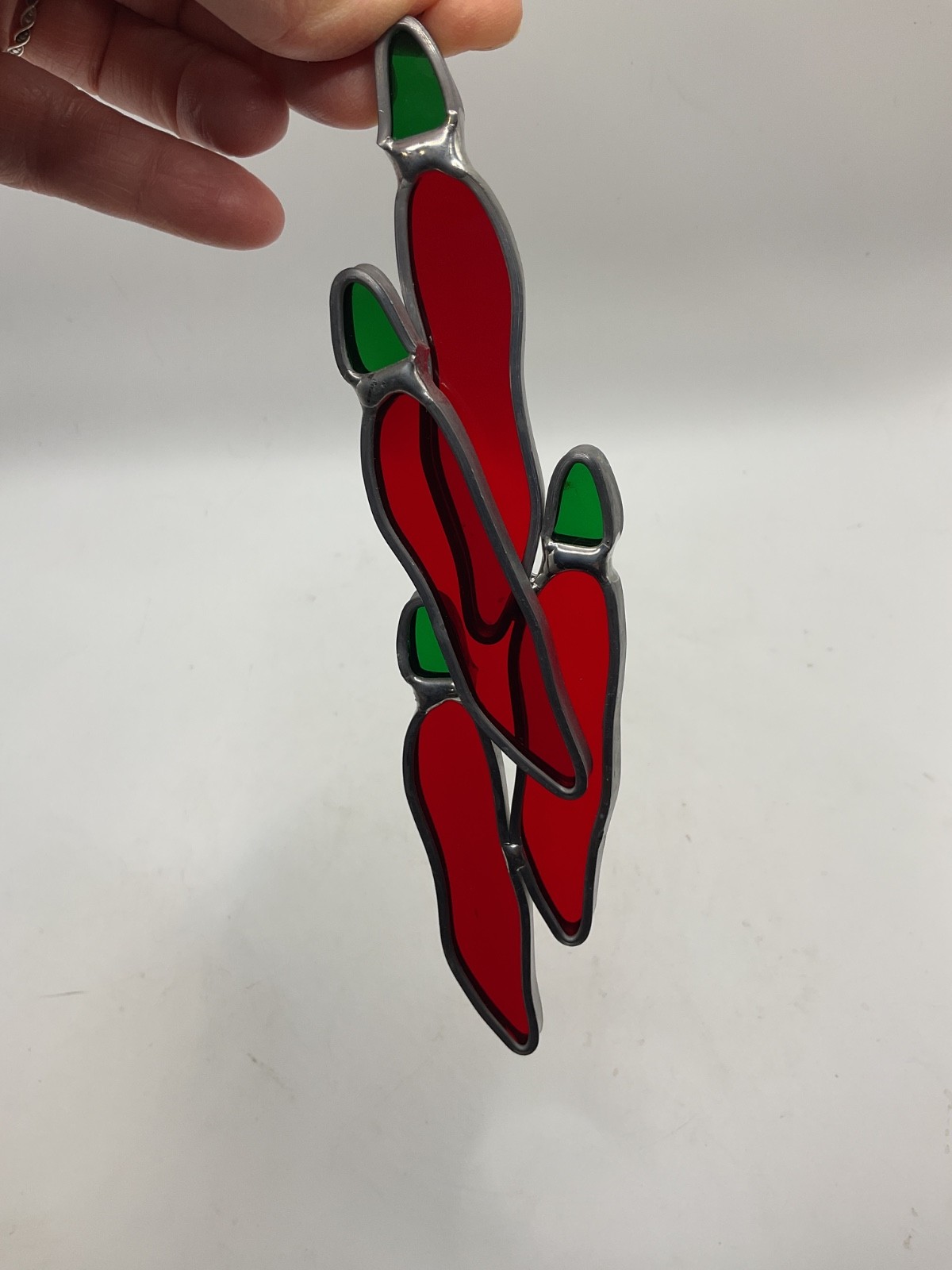 Vintage Leaded Stained Glass Chili Pepper Stem with 4 Pepper & Leaf Suncatcher