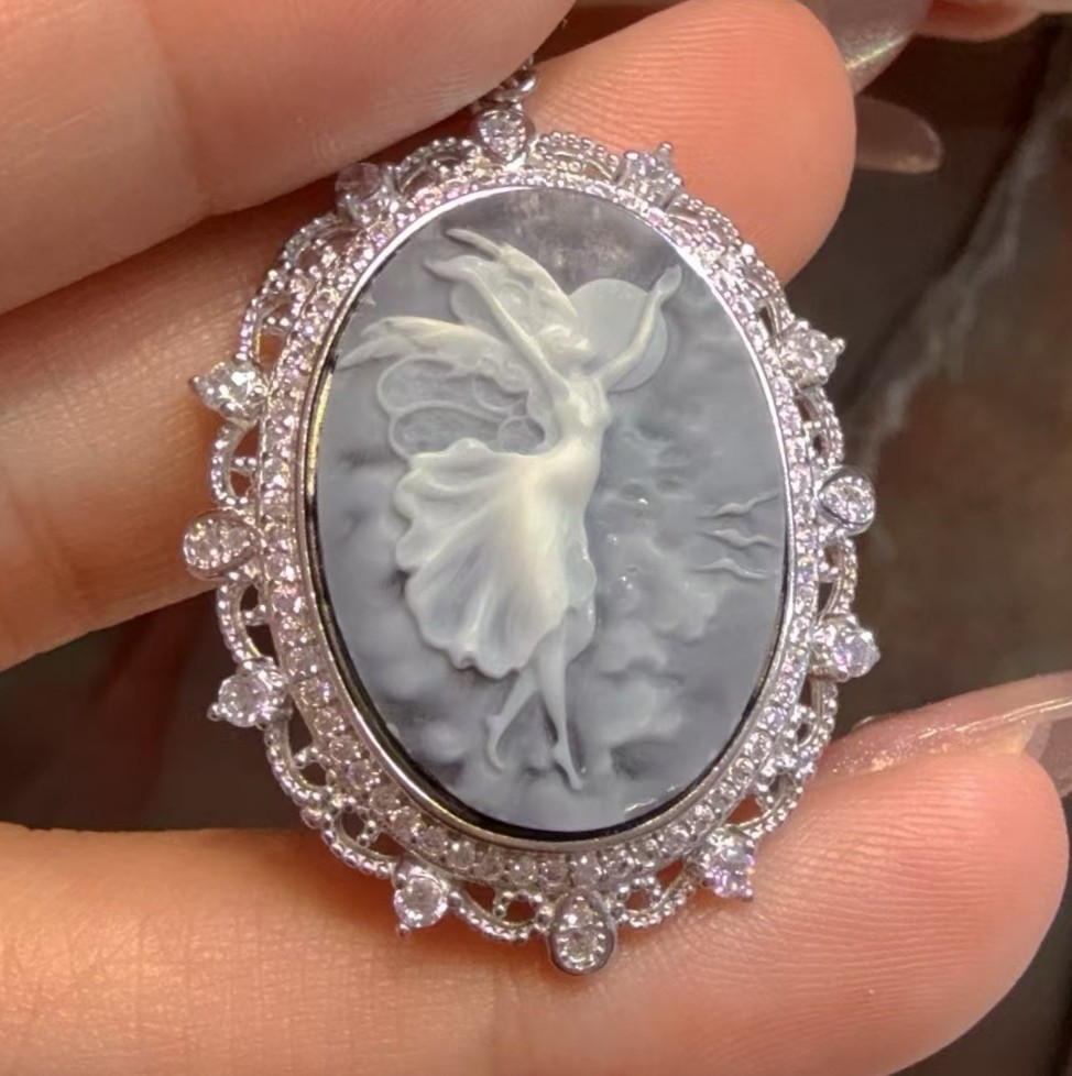925 sterling silver gray Agate Cameo vintage jewelry Pendant estate jewelry