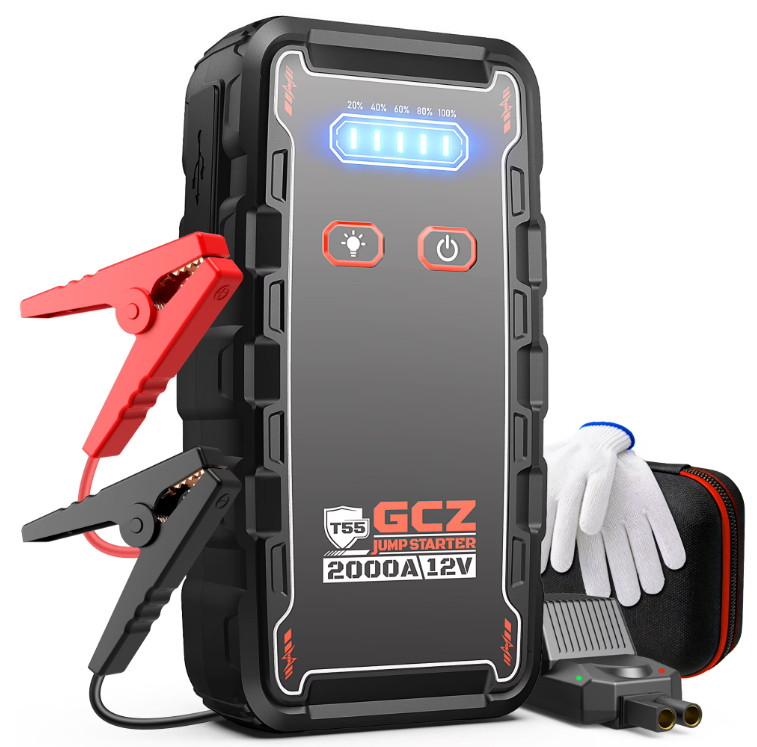 Arrancador Coche 2000A 12V, Power Bank 12000mAh y Luz LED para Gas y Diésel