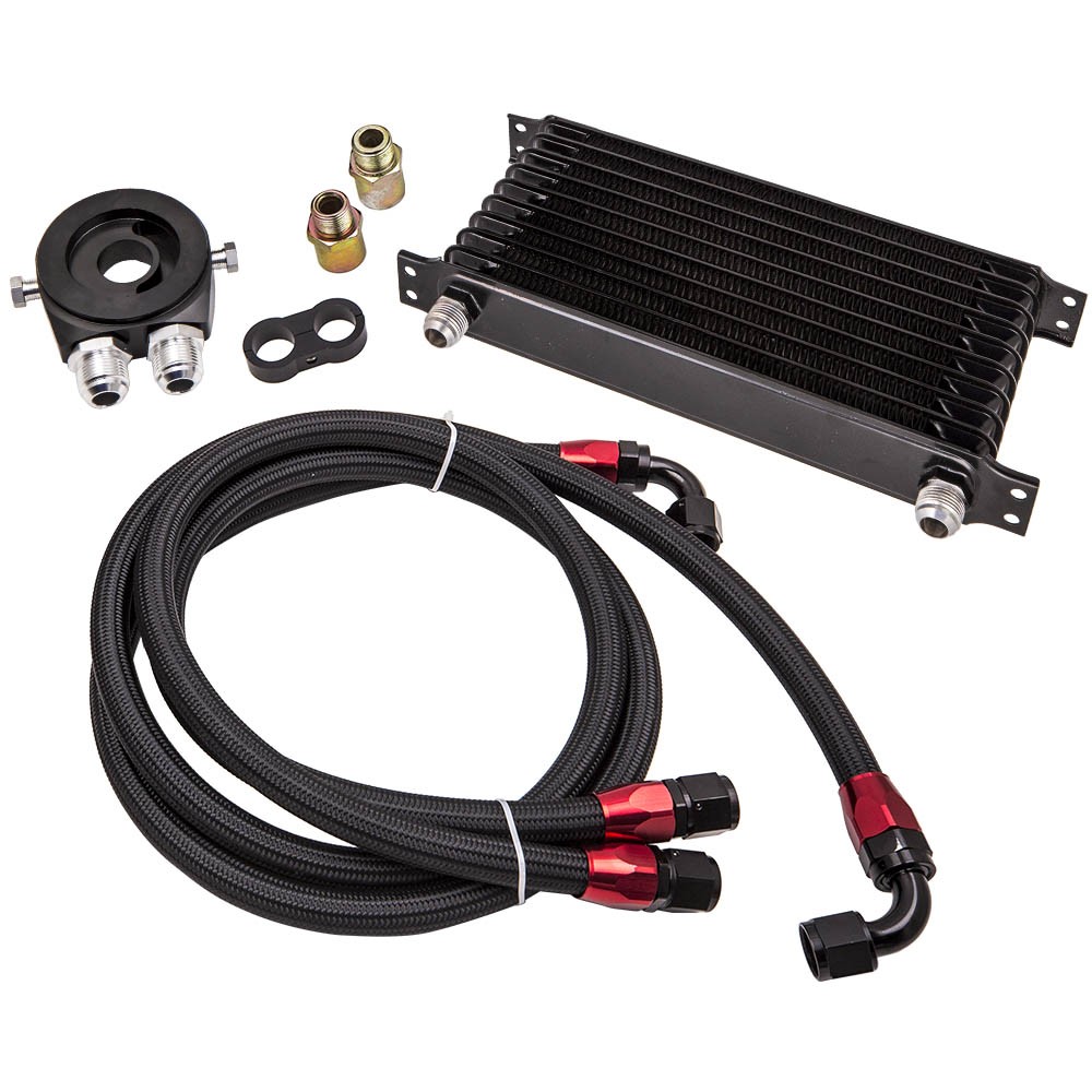 10 Row AN10 Universal Engine Oil Cooler Filter Adapter Hose Kit New Black