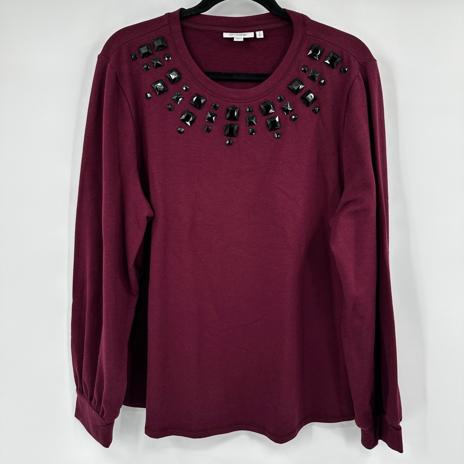 Chicos Burgundy Embellished Long Sleeve Top Black Studded Neck XL Size 3 Jewel