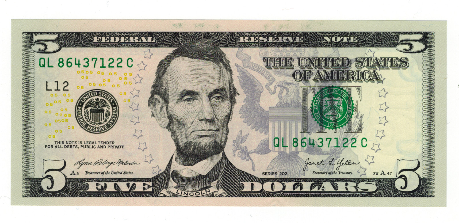 USA series 2021 A Boston $5 Five Dollar Banknote  Signature Janet Yellen UNC