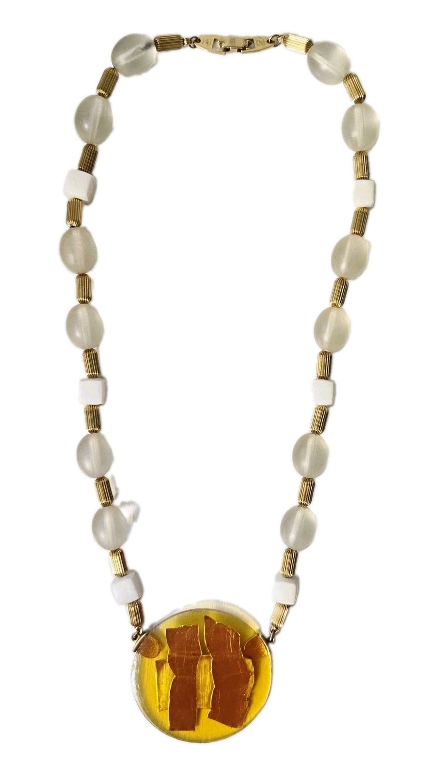 Vintage Signed MONET Lucite Statement Necklace Yellow Foil Pendant Frosted Beads