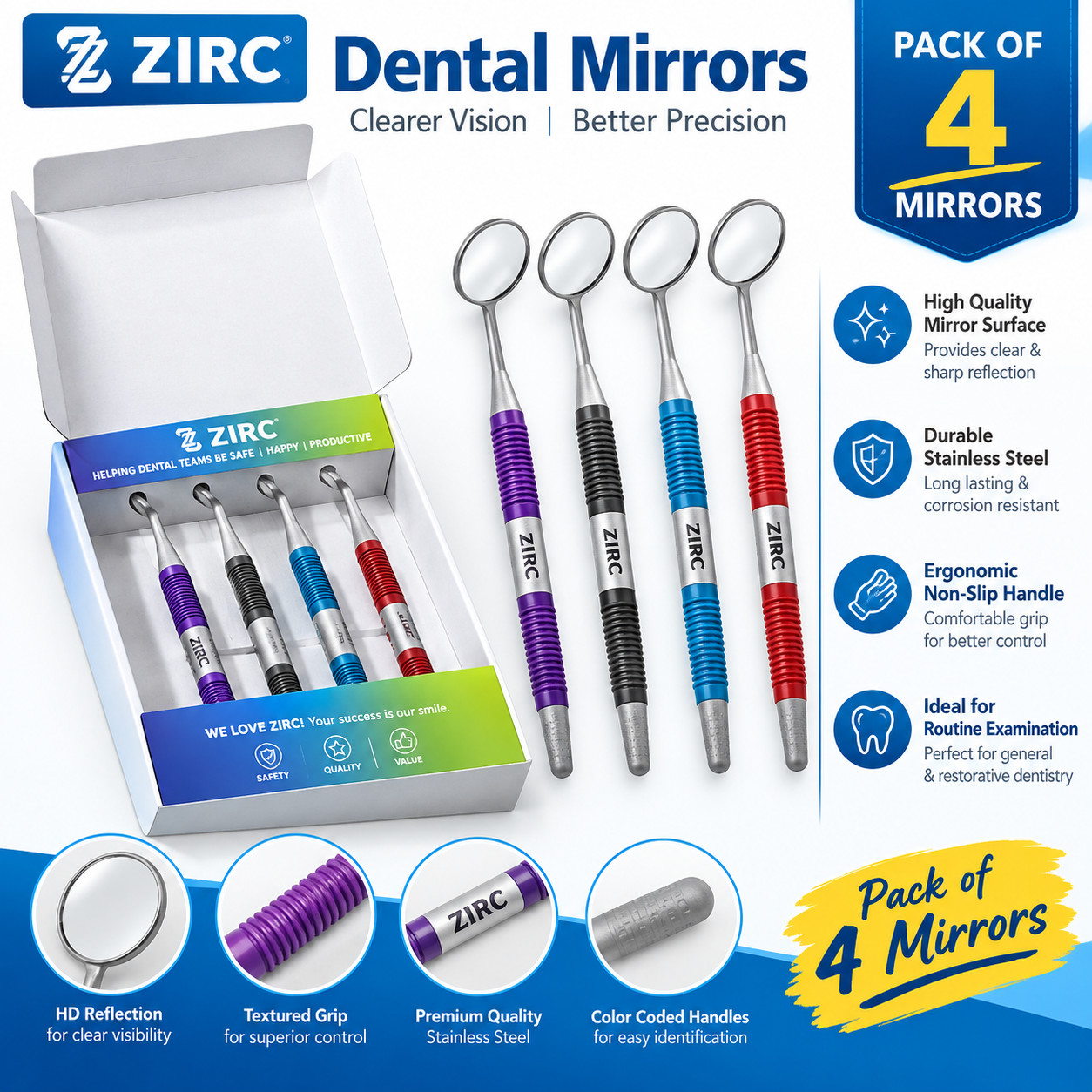 Dental ZIRC CRYSTAL HD Neon Mouth Mirrors with Soft Grip Handle - MADE IN USA