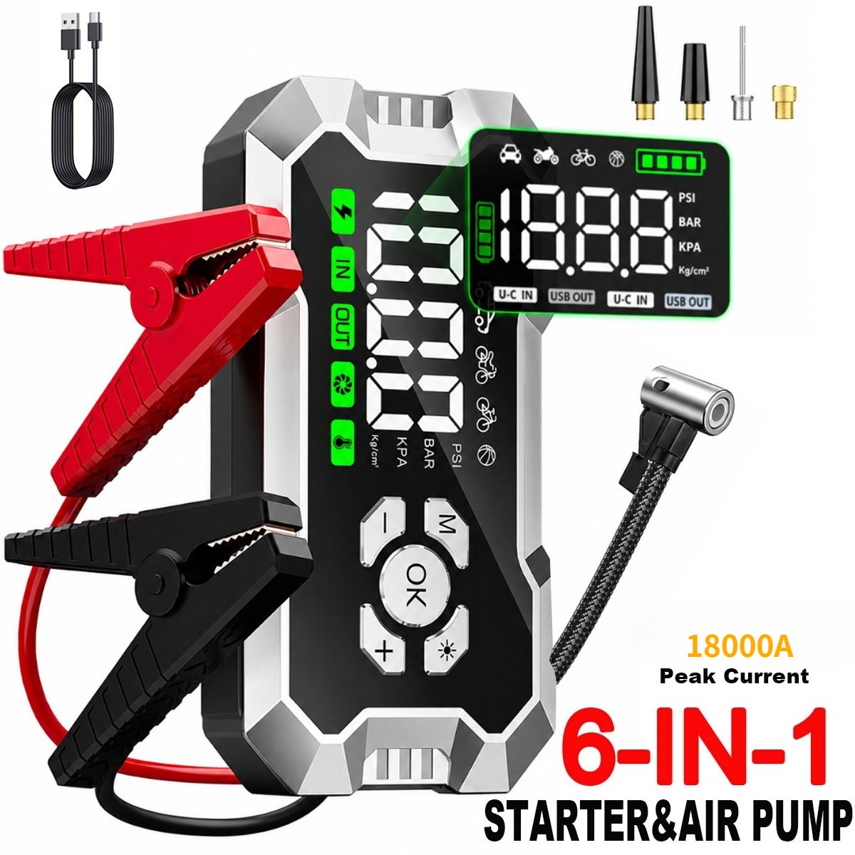 18000A Car Jump Starter w/ Air Compressor Tire Inflator Battery Booster Charger