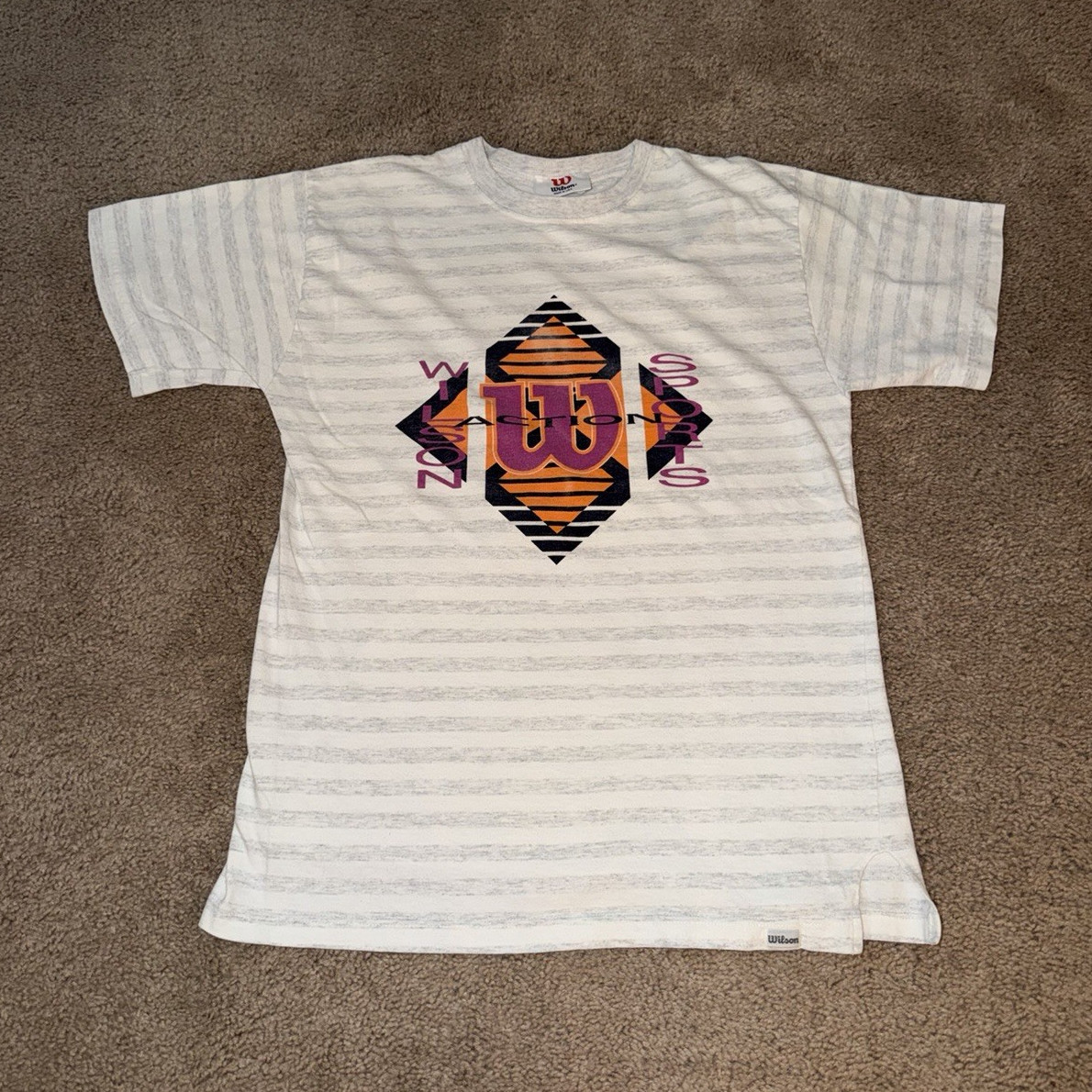 Vintage 90s Wilson Striped Graphic T-Shirt White/Gray Size medium Made in USA Vintage 90s Wilson Striped Graphic T-Shirt White/Gray Size medium Made in USA