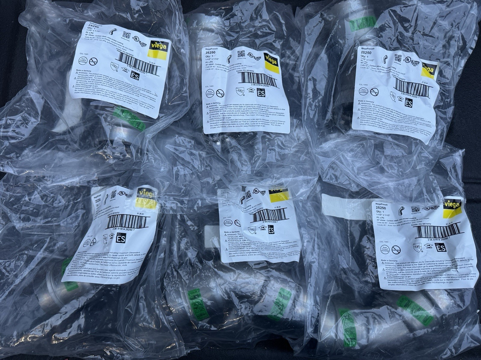 Viega 25250 MegaPress 1-1/2” 45 Degree Carbon Steel Elbow Lot of 6 New