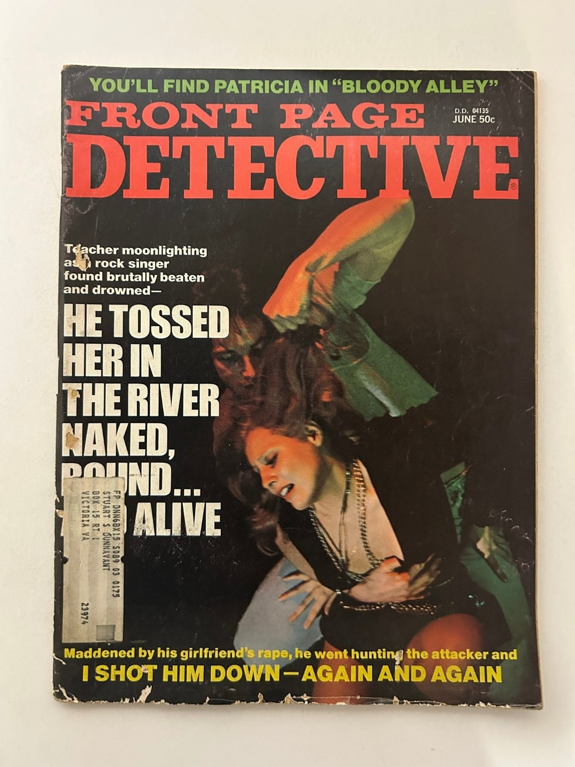 Vintage 1974 Front Page Detective Magazine True Crime Mailing Label