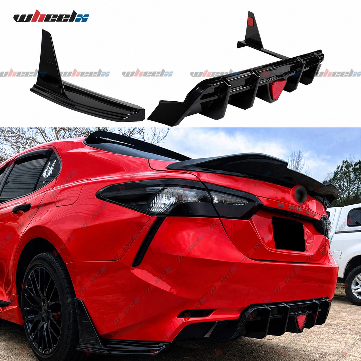 For 2018-24 Toyota Camry SE XSE Gloss Black Rear Bumper Diffuser Lip w/LED Light