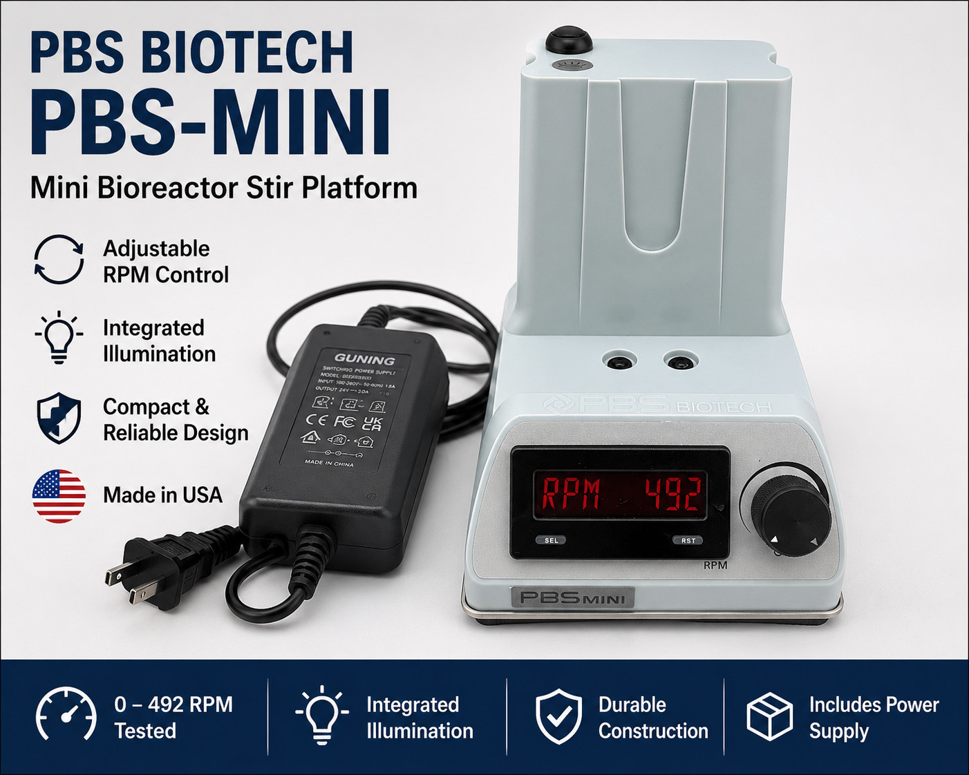 PBS Biotech PBS-MINI Mini Bioreactor Stir Platform FA-UNI-B-501 w/ Power Supply