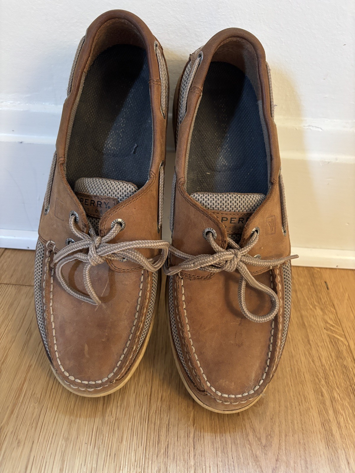 Men\'s Sperry Top-Sider Dark Tan Leather Mesh Tarpon 2-Eye Boat Shoes 10 EXC