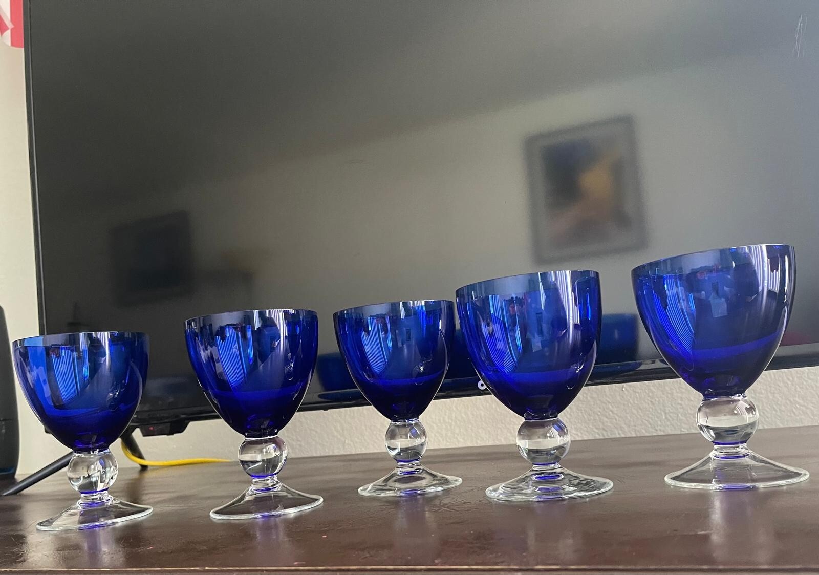 Set Of 5 Vintage Bohemia Czech Wine Glass Cobalt Blue/Clear Pedestal 5.5\