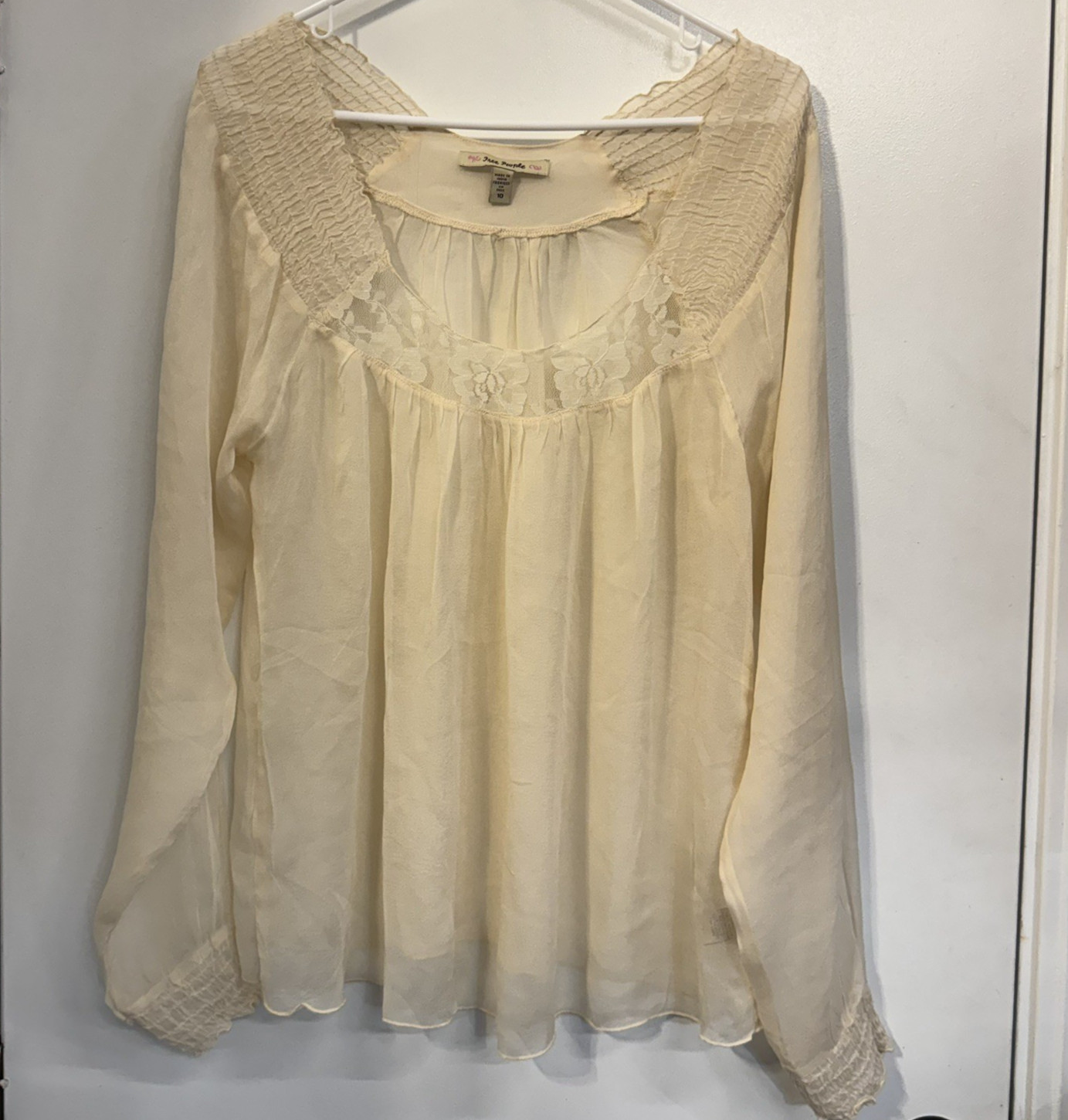 Free People Ivory 100% Silk Chiffon Cream Top Sz 10 Cottagecore Peasant Blouse