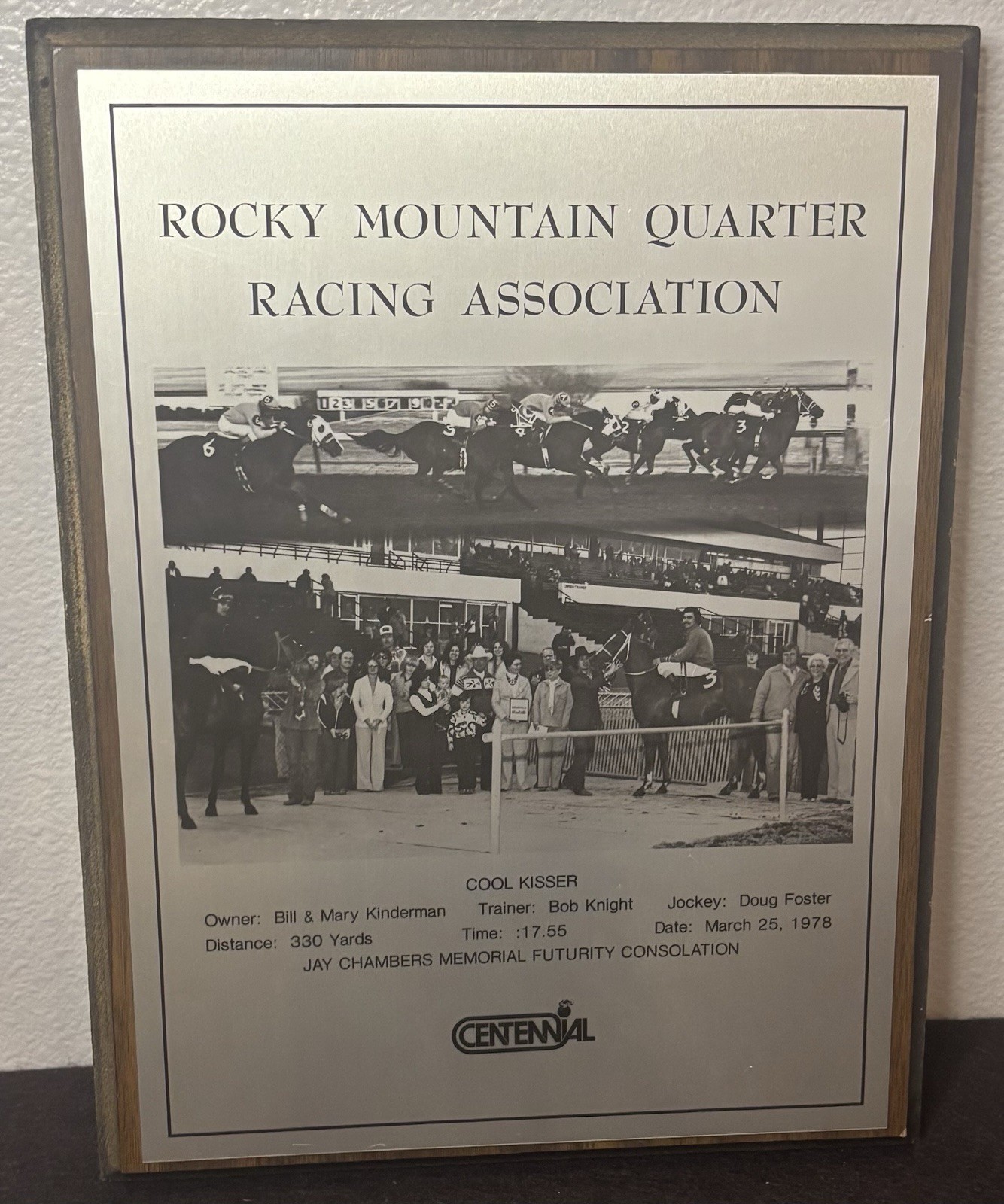 Vintage 1978 Centennial Race Track Winner\'s Circle Plaque - Cool Kisser Vintage 1978 Centennial Race Track Winner\'s Circle Plaque - Cool Kisser