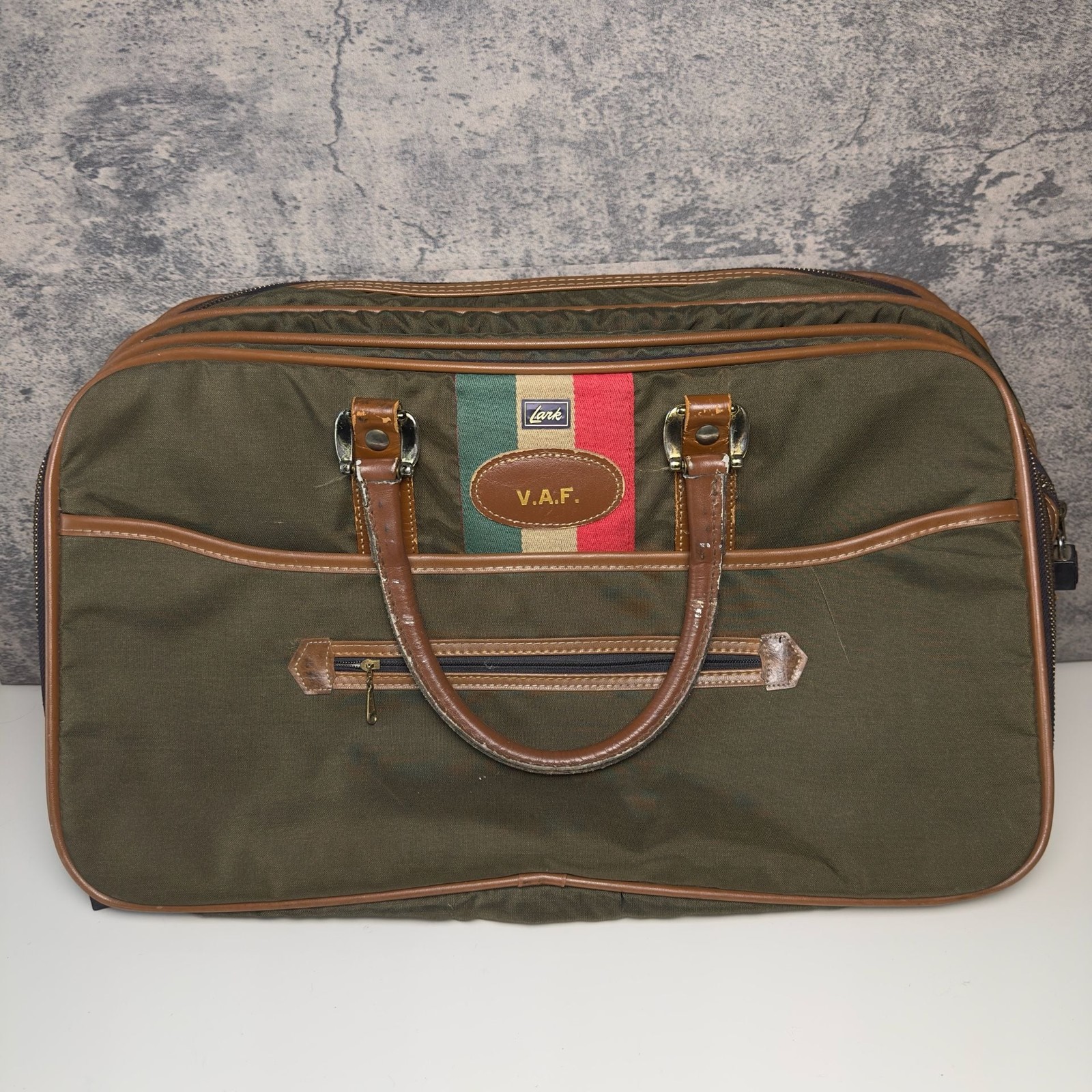 Vintage Lark Olive Green Canvas and Leather Trim Carry-On Travel Bag