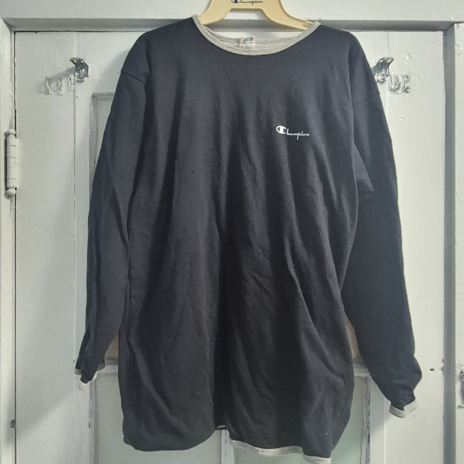Vtg 80s Champion Blue Bar Reversible Long Sleeve Shirt Large Black Gray USA