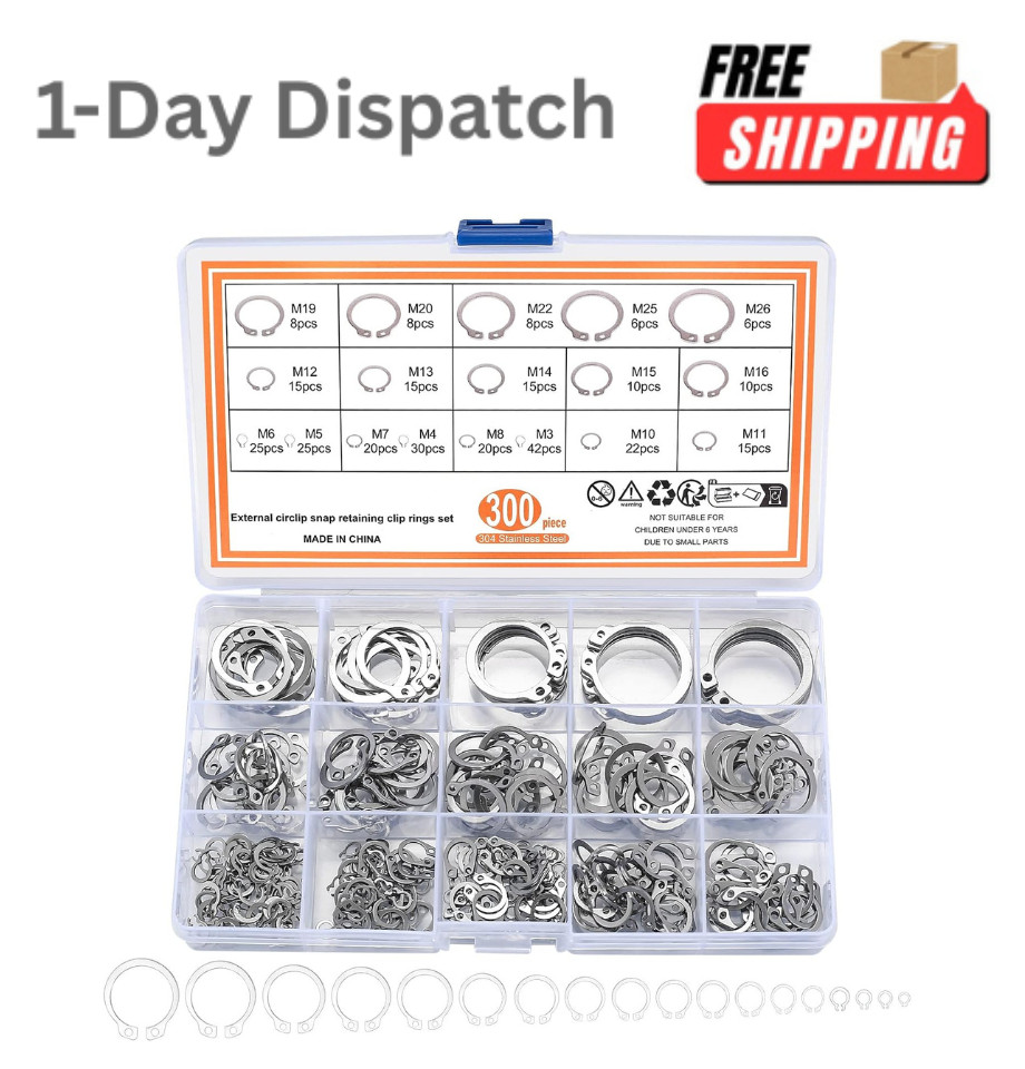 300 Pcs Retaining Ring Kit Internal External Snap Rings 18 Sizes Assortment Set
