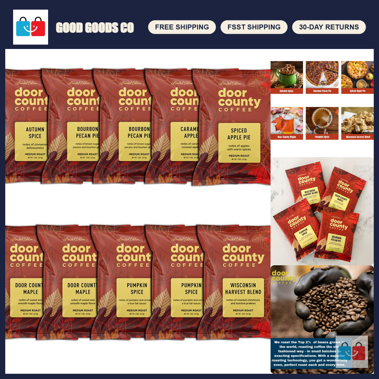 Gourmet Fall Flavored Coffee Sampler Pack - 10 x 1.5oz Bags - Seasonal Variety