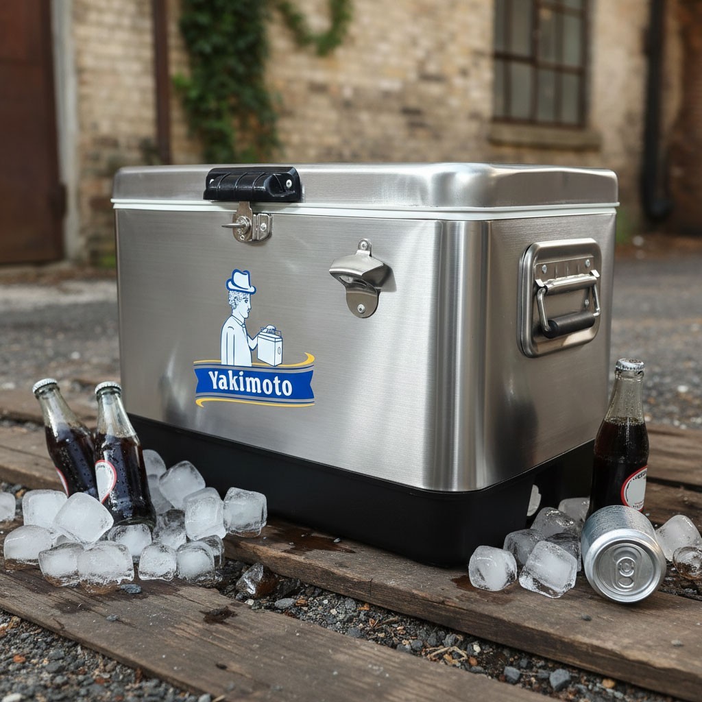 Yakimoto 54Qt Industrial Steel Cooler, Retro Metal Ice Chest, Heavy Duty Silver