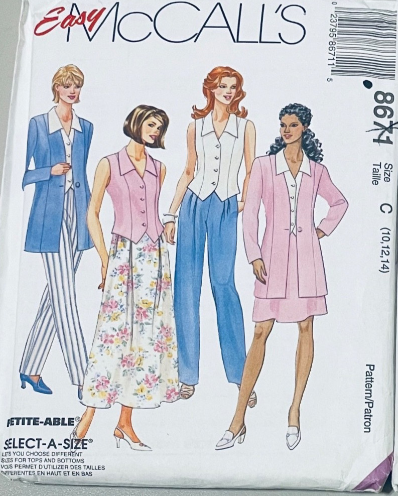Easy McCall\'s Pattern 8671 Size 10-14 Petite Adj Top Skirt Jacket Pull On Pants