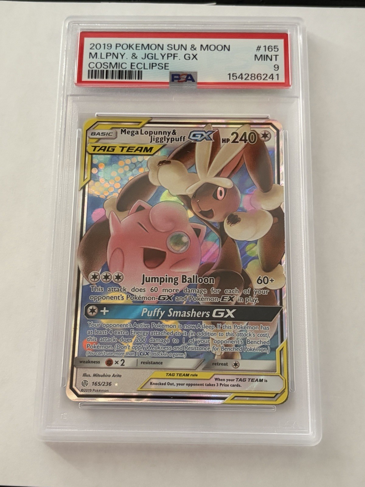 2019 POKEMON SUN & MOON COSMIC ECLIPSE #165 M.LPNY. & JGLYPF. GX PSA 9