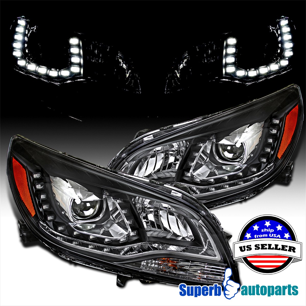 Fit 2013-2015 Chevy Malibu Black Projector Headlights Head Lamps LED Strip 13-15
