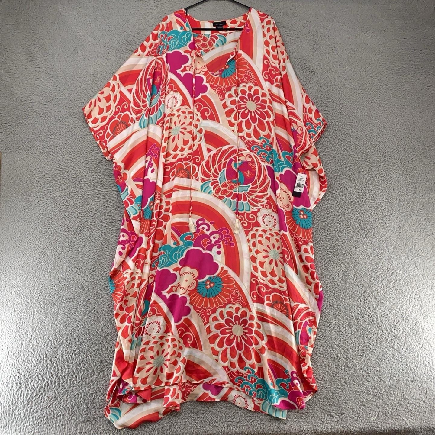 Natori Kaftan Dress Womens XXL Obi Crane Floral Satin Maxi Tassel Cruise Resort Natori Kaftan Dress Womens XXL Obi Crane Floral Satin Maxi Tassel Cruise Resort