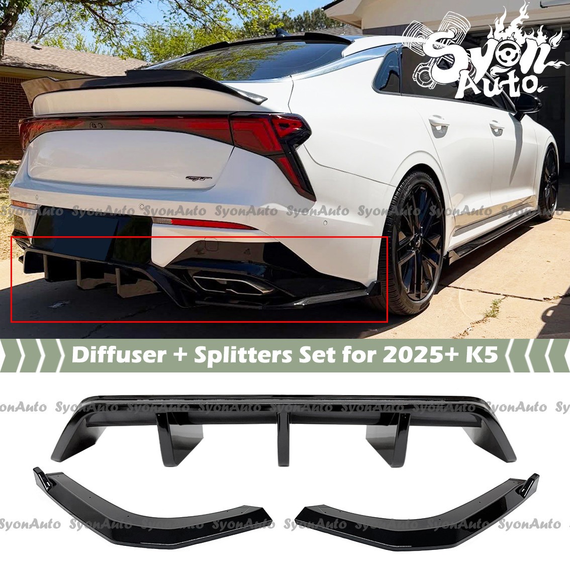FOR 2025-2027 KIA K5 GLOSSY BLACK SHARK FIN REAR DIFFUSER W/ SIDE SPLITTERS SET