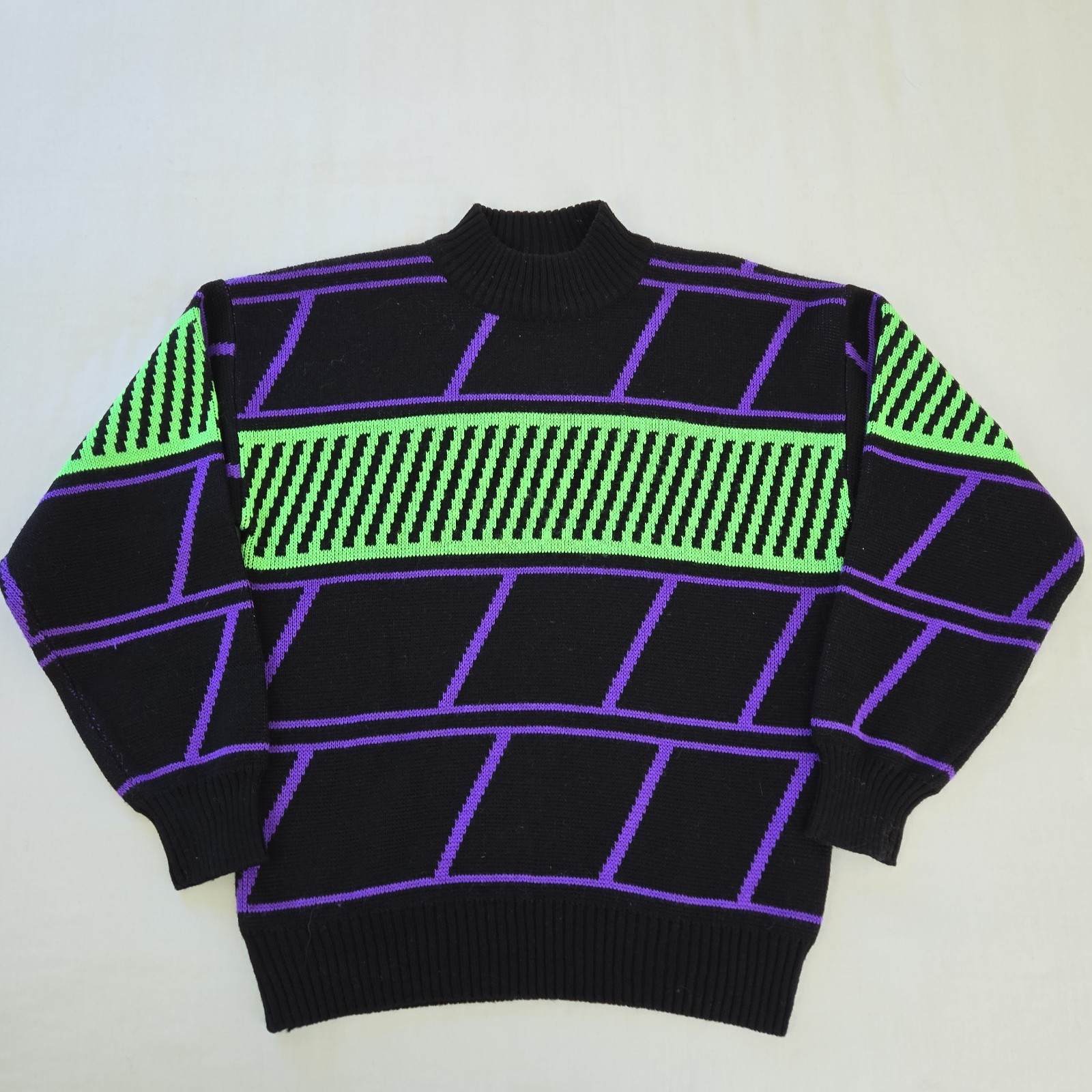 VTG 80s 90s Demetre Quantum Ski Sweater Black Neon Green Purple Geometric Mens M