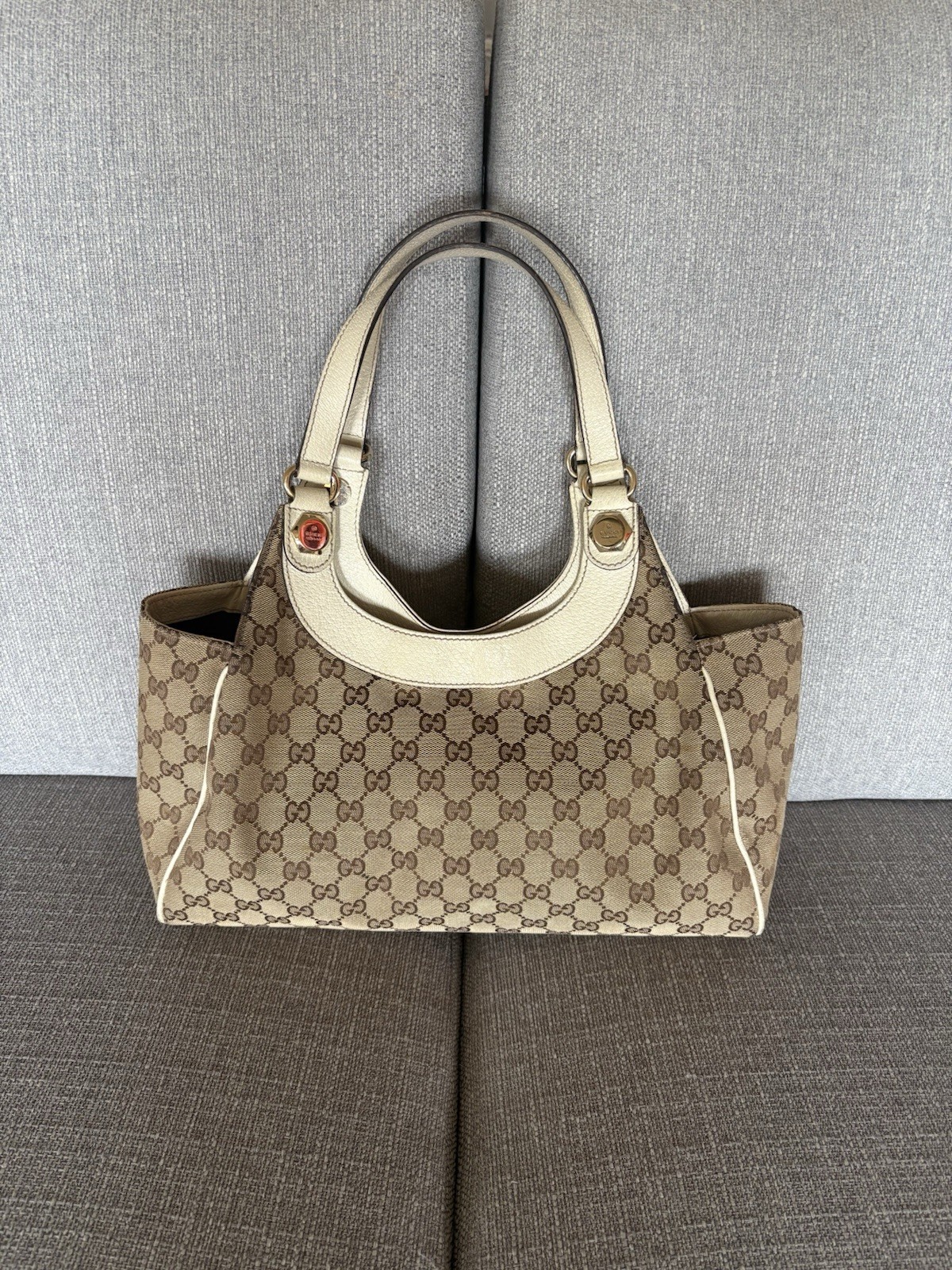 Gucci Charmy GG Beige Canvas Hobo Shoulder Bag White Leather Trim