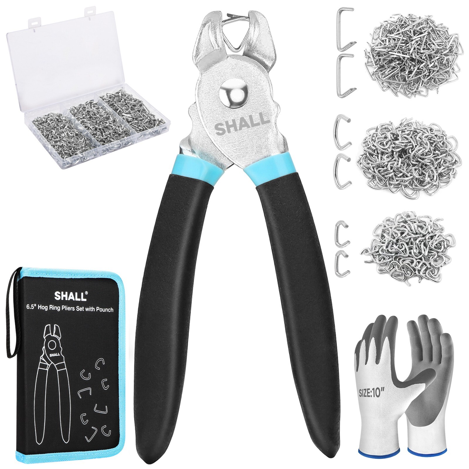SHALL Hog Ring Pliers Kit with 600pcs (3/8’’, 1/2’’, 3/4’’) for Upholstery SHALL Hog Ring Pliers Kit with 600pcs (3/8’’, 1/2’’, 3/4’’) for Upholstery