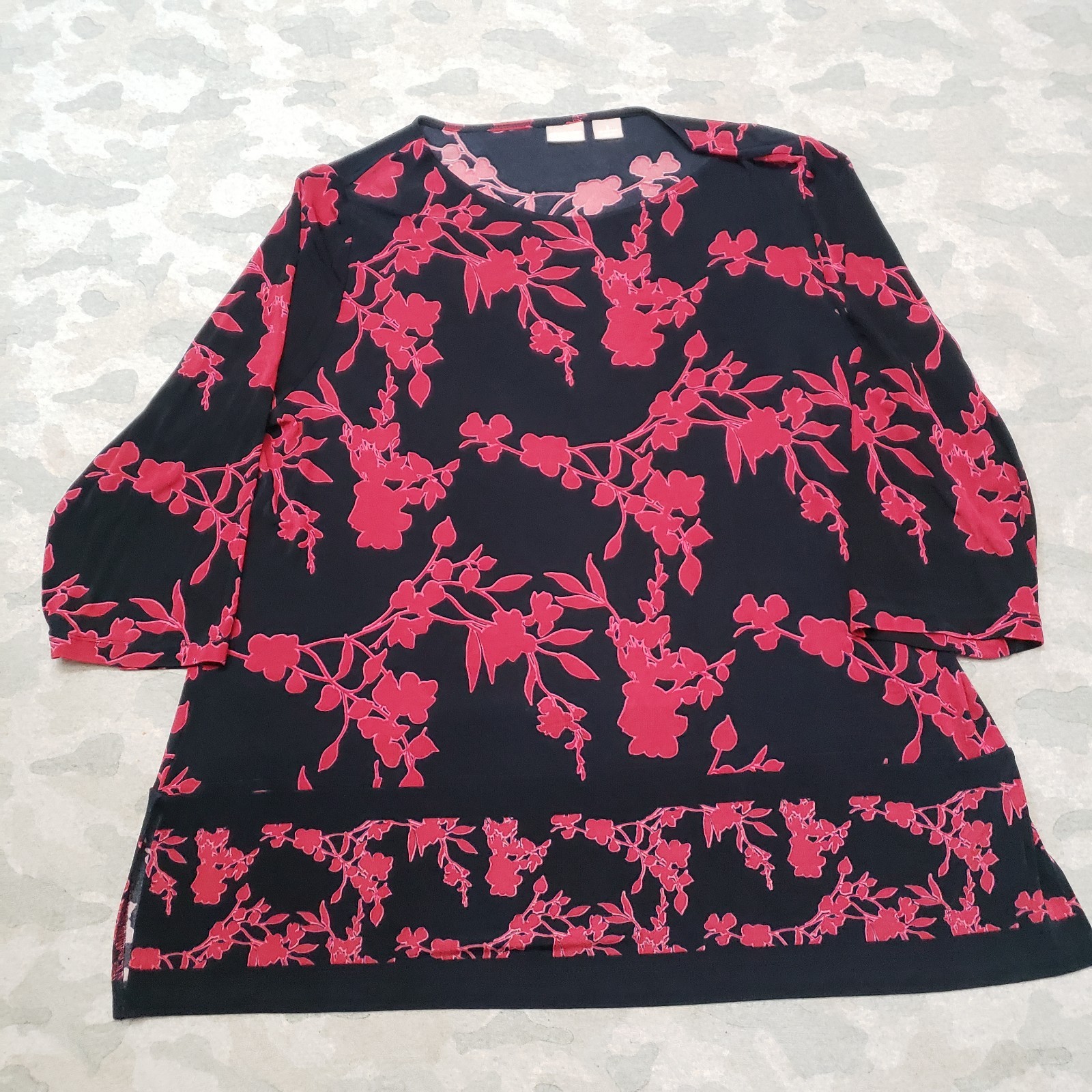 Chico\'s Traveler\'s Top Womens 3 Black 3/4 Sleeve Slinky Floral