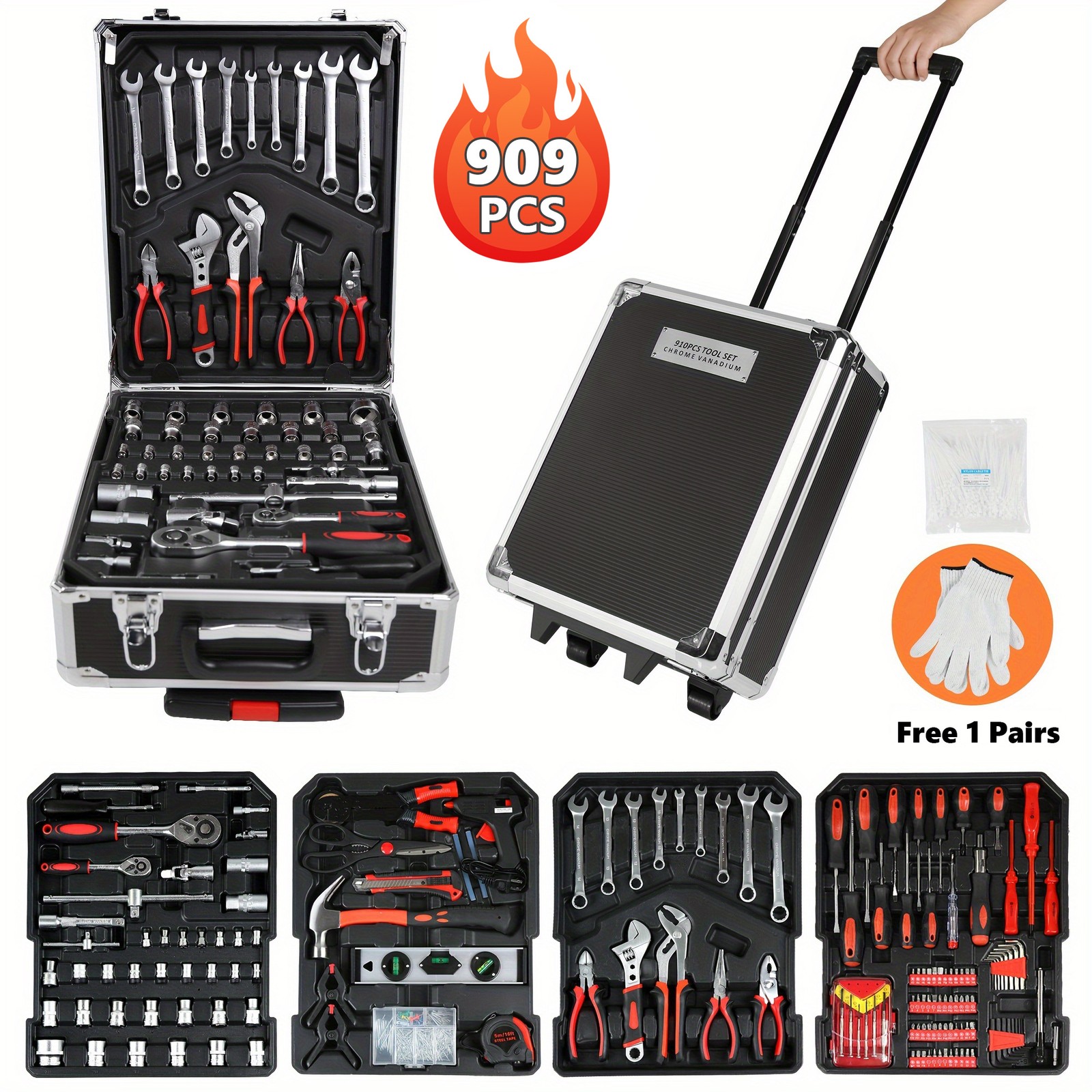 909 PCS Tool Set Mechanics Tool Kit Wrenches Socket Repair Tool Case w/wheels