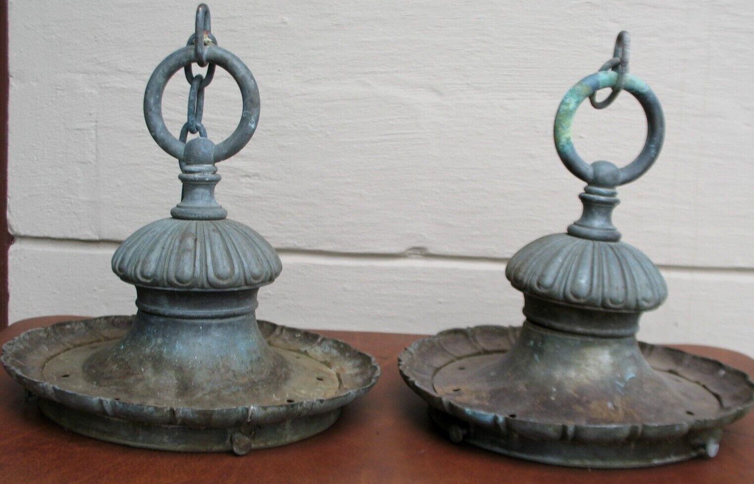 1890s Large Pr. Solid Bronze Exterior Electric Lamp Shade Holders Orig. Antiques
