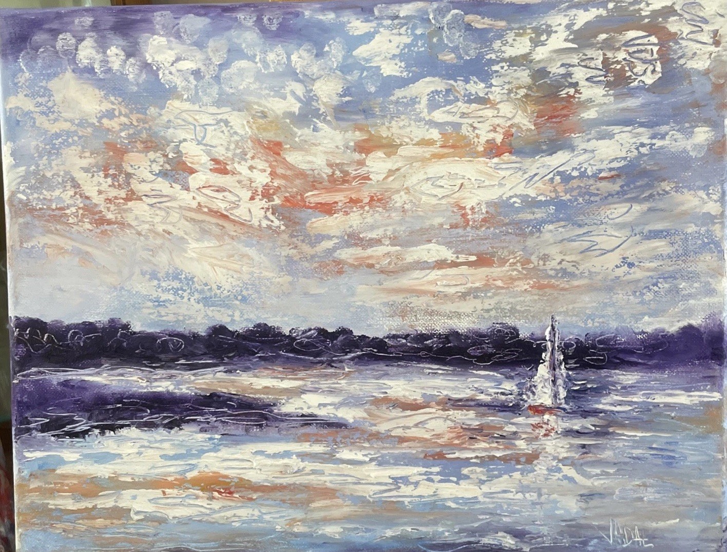 Original oil canvas painting 11 x 14 sailboat California lake textured clouds Original oil canvas painting 11 x 14 sailboat California lake textured clouds