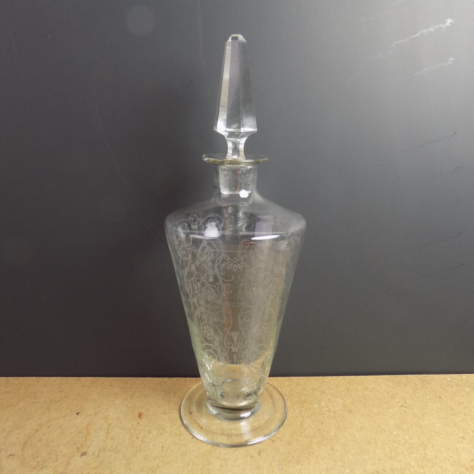 Antique Bohemian Glass Decanter Acid Etched Scrolls & Flowers Antique Bohemian Glass Decanter Acid Etched Scrolls & Flowers