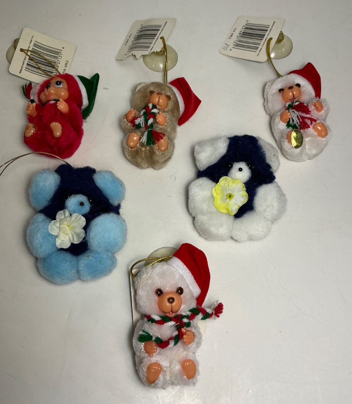 Set of 6 Vintage Funworld Monchhichi Bear Hanging Christmas Toys 2.5 in.