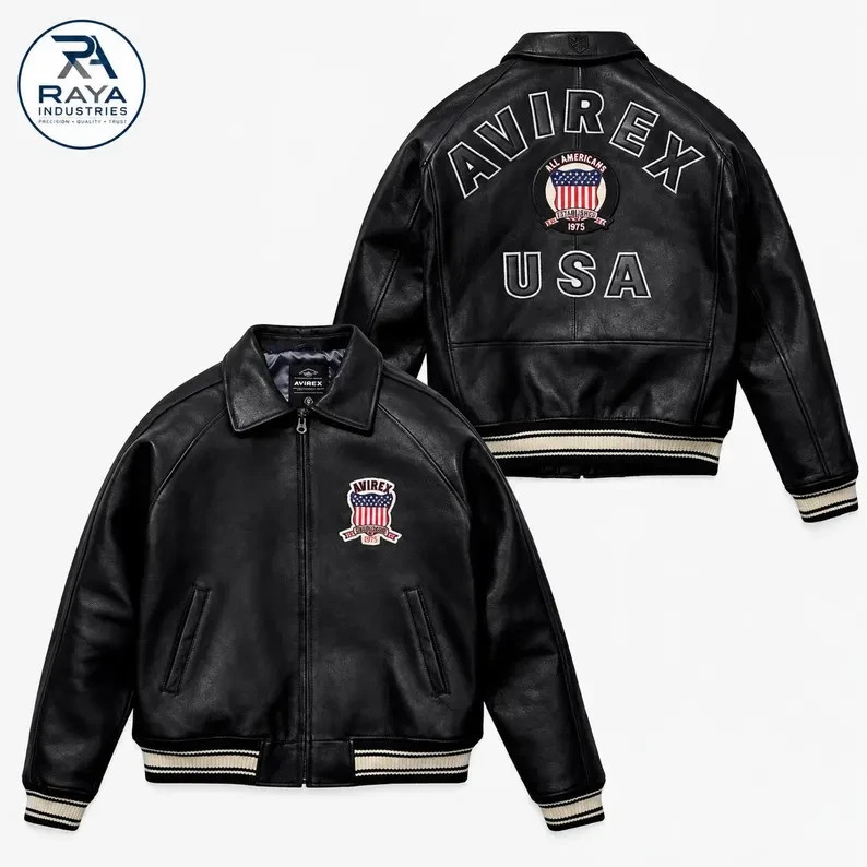 Avirex Men\'s Real Leather Jacket Sheepskin Flight Bomber American Varsity Jacket