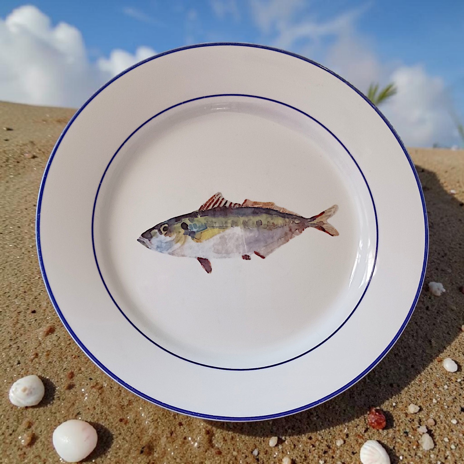 1 Williams & Sonoma Fish Dinner Plate La Mer Marc Lacaze Blue Fish HTF 2008 Vtg