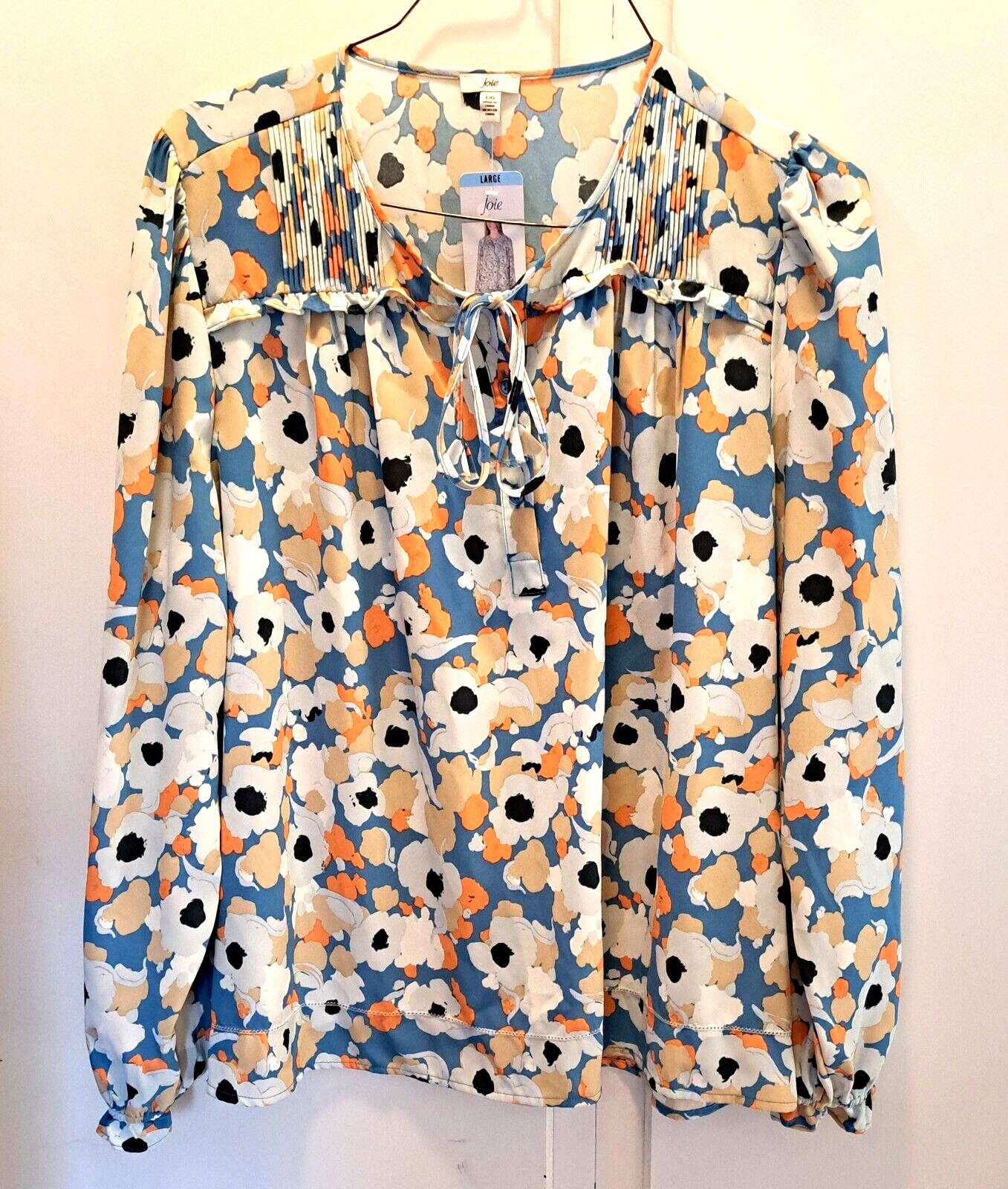 Joie Womens Tie V Neck Elastic Cuff Long Sleeve Floral Fields Top Blouse NEW 