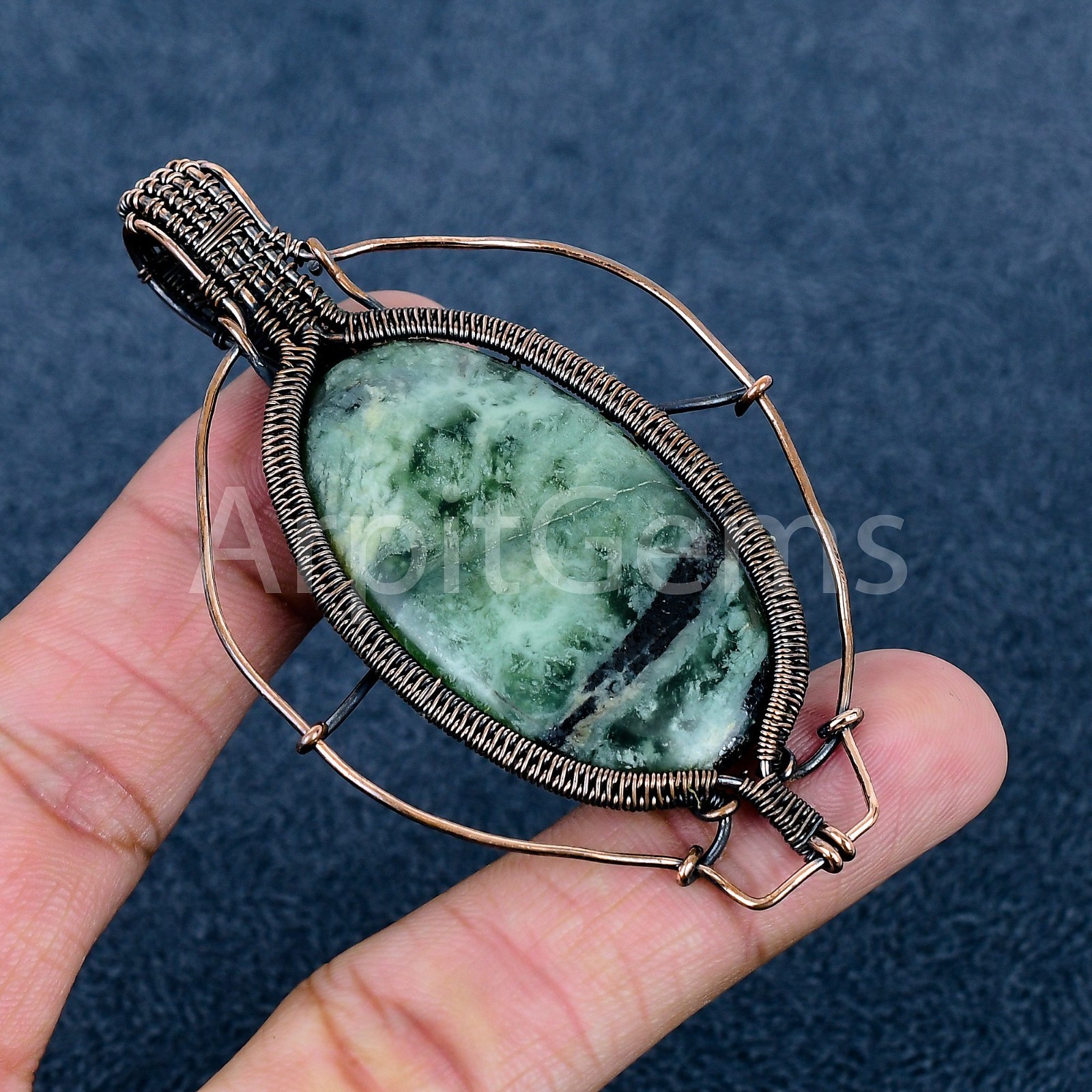 Copper Prehnite Gemstone Wire Wrapped Handmade Pendant Unique Artisan Jewelry