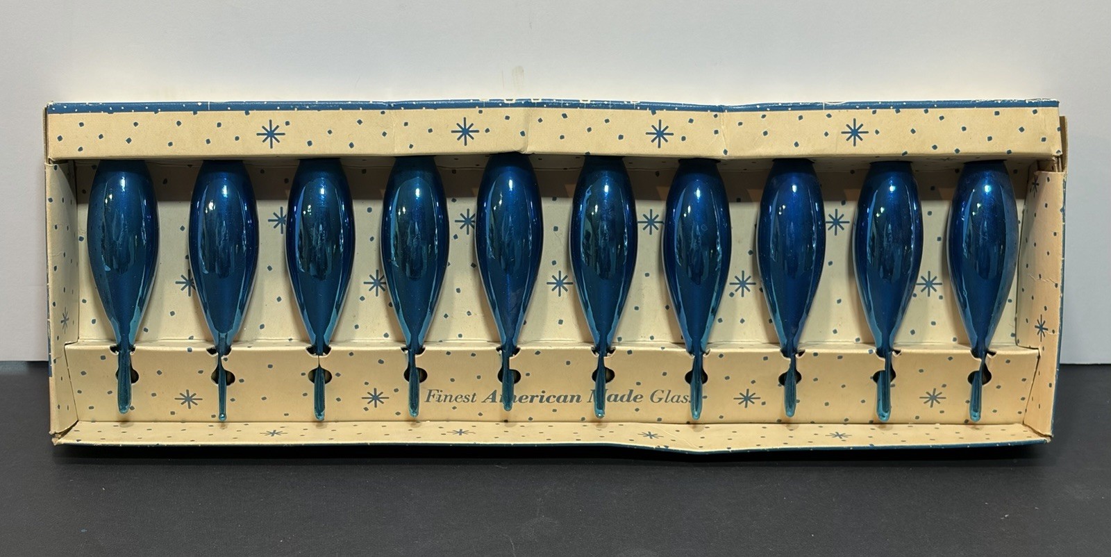 Vtg Paragon Blue Glass Teardrop Christmas Ornaments 10 Pack Box No Hooks MCM