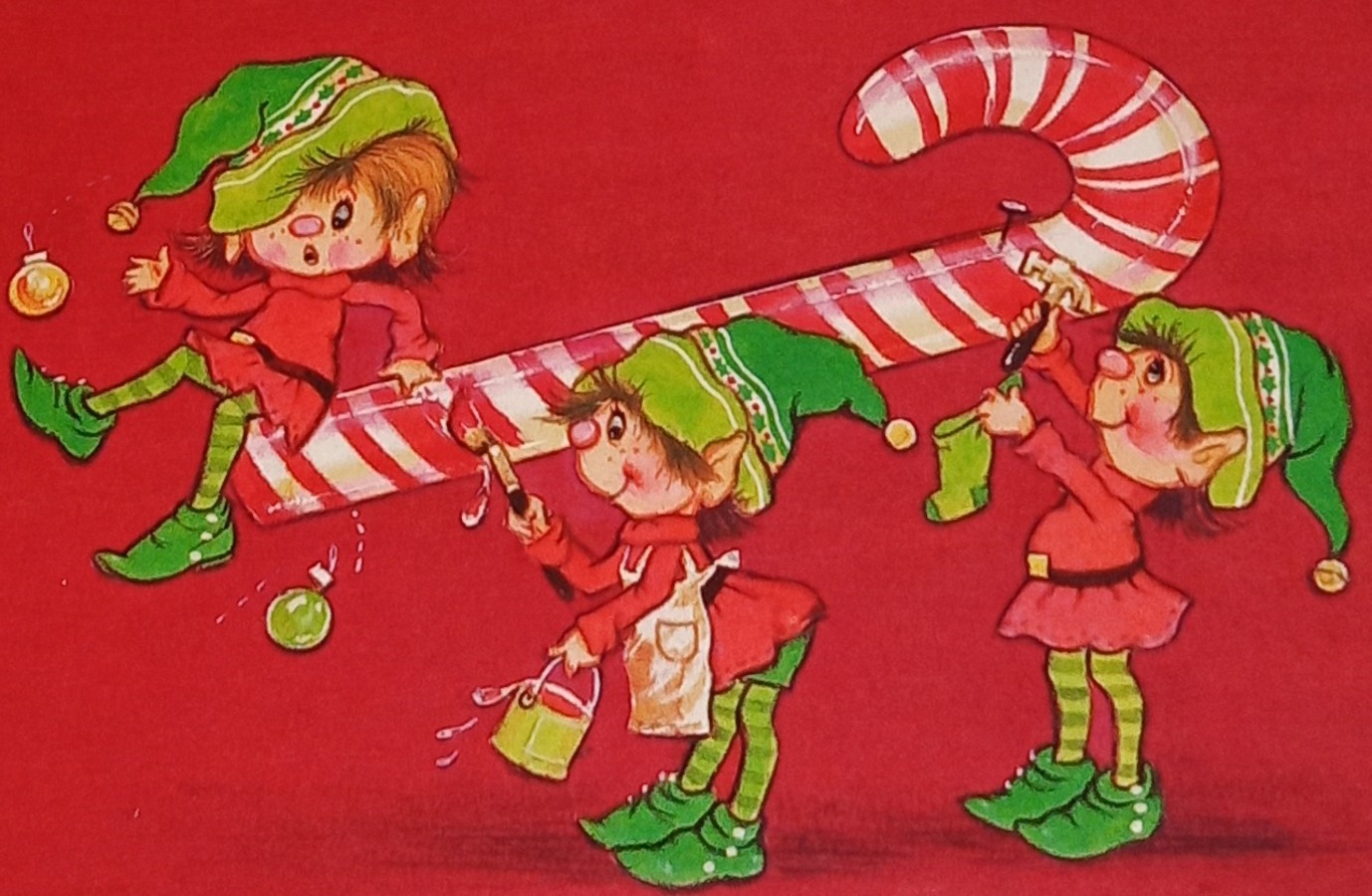 UNUSED Vintage CHRISTMAS card, cute elves painting a candy cane 5 UNUSED Vintage CHRISTMAS card, cute elves painting a candy cane 5