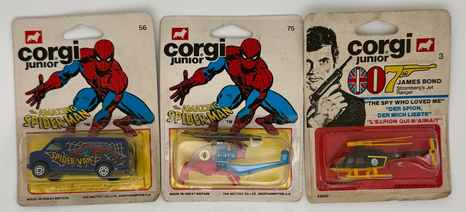 3 Vintage Corgi Juniors Super Heroes Lot from the 1970’s Spiderman & 007 Bond 3 Vintage Corgi Juniors Super Heroes Lot from the 1970’s Spiderman & 007 Bond